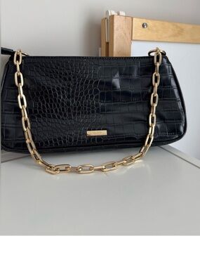 Aldo Black Croc-Embossed Shoulder Bag with Gold Chain Strap